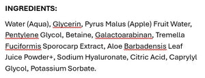 Supplement facts for Hyaluronic Moisture Serum Booster Drops listing ingredients including Aloe Barbadensis, Apple, Betaine HCI, Citric Acid, Glycine