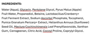 Supplement facts for Pore Refining Vitamin C Serum Booster Drops listing ingredients including Apple, Betaine HCI, Carrageenan, Citric Acid, Cranberry
