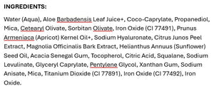 Supplement facts for Sunkissed Bronzing Serum Booster Drops listing ingredients including Acacia, Aloe Barbadensis, Apricot Kernel Oil, Apricot Oil, Caprylic acid