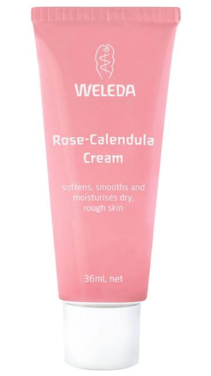 A pink squeeze tube of Rose-Calendula Cream made by Weleda.