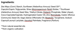 Supplement facts for Sensitive Deodorant Stick listing ingredients including Ascorbyl Palmitate, Caprylic acid, Castor Oil, Castor Oil (Ricinus communis), Helichrysum Hydrosol