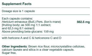 Supplement facts for Lions Mane BioActive listing ingredients including Beta Glucan, Hericium, Lion's Mane