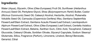 Supplement facts for Contouring Day Cream - Blue Gentian & Edelweiss listing ingredients including Behenyl Alcohol, Benzyl Alcohol, Betaine HCI, Caprylic acid, Carnauba Wax