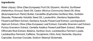 Supplement facts for Contouring Eye & Lip Cream (Blue Gentian & Edelweiss) listing ingredients including Behenyl Alcohol, Benzyl Alcohol, Betaine HCI, Caffeine, Camellia Oleifera