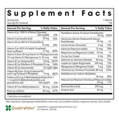 Text Describing the ingredients: Vitamin A, C, D3, E, K, K2, B1, B2, B3, B6, Folate, Vitamin B12, Biotin, Pantothenic Acid, Calcium, Iron, Iodine, Magnesium, Zinc, Selenium, Copper, Manganese, Chromium, Molybdenum. Potassium. Boron, Glutamic.