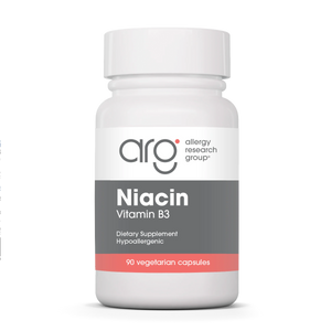 A Supplement container with the name Niacin Vitamin B3 by Allergy Research Group.