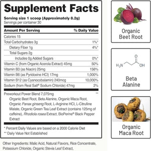 Ingredients: Vitamin C, Vitamin B#, Vitamin B6, Vitamin B12, Sodium, Preworkout Power Blend: Organic Beet Root, Organic Maca Root, Organic Panax ginseng Root, Organic Acerola Fruit Extract, Organic Green Tea (contains 125g of Caffeine), Rhodola rosea Root Extract, Organic Black Pepper FruitExtract (95% Piperine).