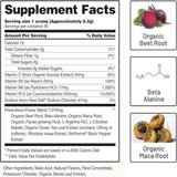 Ingredients: Vitamin C, Vitamin B#, Vitamin B6, Vitamin B12, Sodium, Preworkout Power Blend: Organic Beet Root, Organic Maca Root, Organic Panax ginseng Root, Organic Acerola Fruit Extract, Organic Green Tea (contains 125g of Caffeine), Rhodola rosea Root Extract, Organic Black Pepper FruitExtract (95% Piperine).