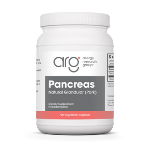 A Supplement container with the name Pancreas (Pork 720 Vegetarian Caps) by Allergy Research Group.