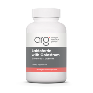 A Supplement container with the name Laktoferrin with Colostrum by Allergy Research Group.