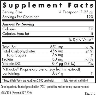 Text describing the ingredient: NTFactor Proprietary Blend(soy Iecithin extract)  Vitamin D3.