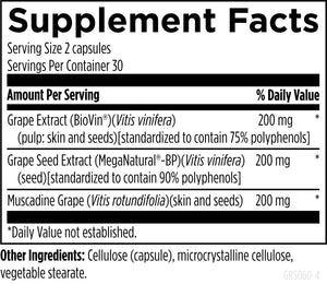 Text describing the ingredients: Grape Extract, Grape Seed Extract, Muscadine Grape.

Cellulose (capsule), microcrystalline cellulose, vegetable stearate. 