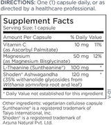 Text describing the ingredients: Vitamin C (as Ascorbyl Palmitate), Magnesium ( Magnesium Bisglycinate), L-Theanine (Suntheanine), Shoden  Ashwagandha.
