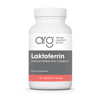 A Supplement container with the name Laktoferrin by Allergy Research Group.