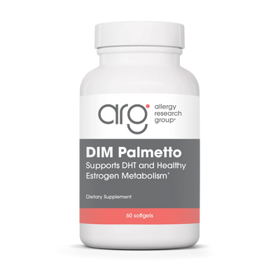 A Supplement container with the name DIM Palmetto (formerly called  DIM Palmetto Prostate Formula) from Allergy Research Group. 