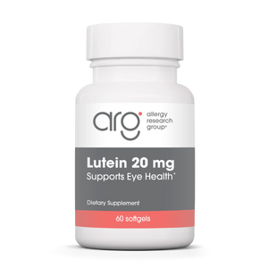 A Supplement container with the name Lutein 20mg by Allergy Research Group.