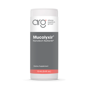 A Supplement container with the name Mucolyxir by Allergy Research Group.