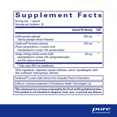 Ingredients: enXtra greater galangal. Cereboost American ginseng, Ginkgo.