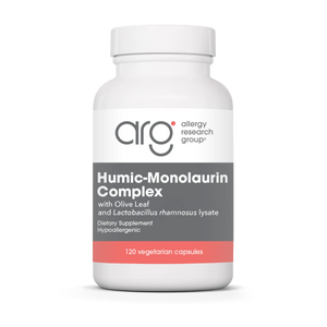 A Supplement container with the name Humic-Monolaurin Complex by Allergy Research Group.
