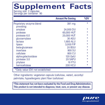 Ingredients: Proprietary enzyme blend: providing: amylase, protease, protease 6.0, glucoamylase, lactase, beta-glucanase, invertase, cellulase, alpha-galactosidase, protease 3.0, phytase, hemicellulase.