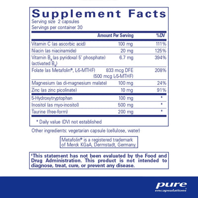 Text describing the ingredients: Vitamin C, B, Niacin, Folate , Magnesium, Zinc, 5-Hydroxtryptophan, Inositol, Taurine.