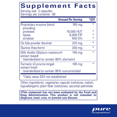 Ingredients: Proprietary enzyme blend: Protease, Lipase, amylase. Ox bile powder, Taurine, Milk thistle, Turmeric.