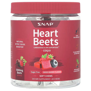 A Supplement container with the name Heart Beets Chews + CoQ10 by Snap Supplements.