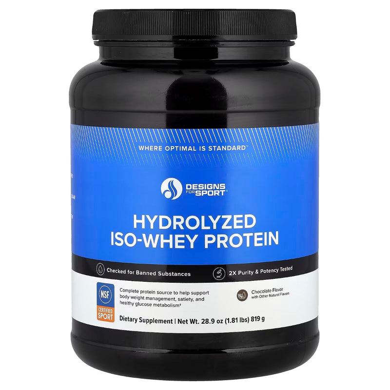 A Supplement container with the name Hydrolyzed ISO-Whey Protein by Designs for Health.