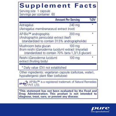 Ingredients: Astragalus, AP-Bio androrgaphis, Mushroom beta glucan, Reishi.