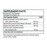 Ingredients including Deglycyrrhizinated Licorice, DGL, Glycyrrhiza spp, Marshmallow extract, Althaea officinalis, Slippery Elm, Lumus Rubra, Aloe Vera, Aloe barbadensis