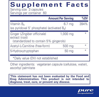 Ingredients: Vitamin B6, Ginger, Acetyl-L-Carnitine, 5-Hydroxytryptohan.