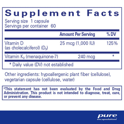 Ingredients: Vitamin D (as cholecalciferol) (D3), Vitamin K2 (menaquinone-7).