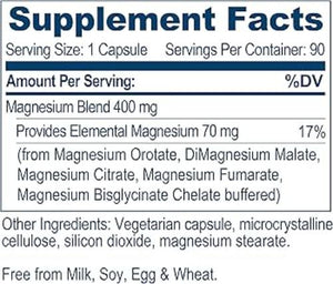 Text describing the ingredients: Magnesium Blend, Provides Elemental Magnesium (from Magnesium Orotate, DiMagnesium Malate, Magnesium Citrate, Magnesium Fumarate, Magnesium Bisglycinate Chelate buffered).