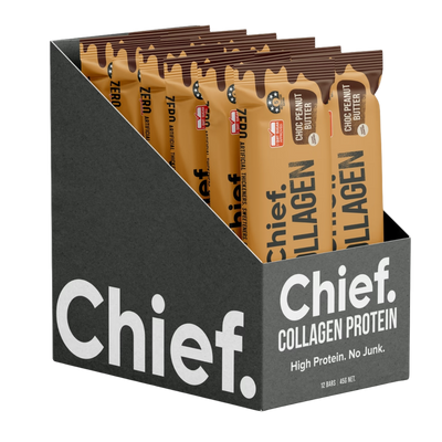 A Box of 12 Supplement bars (Choc Peanut Butter) by Chief Nutrition.