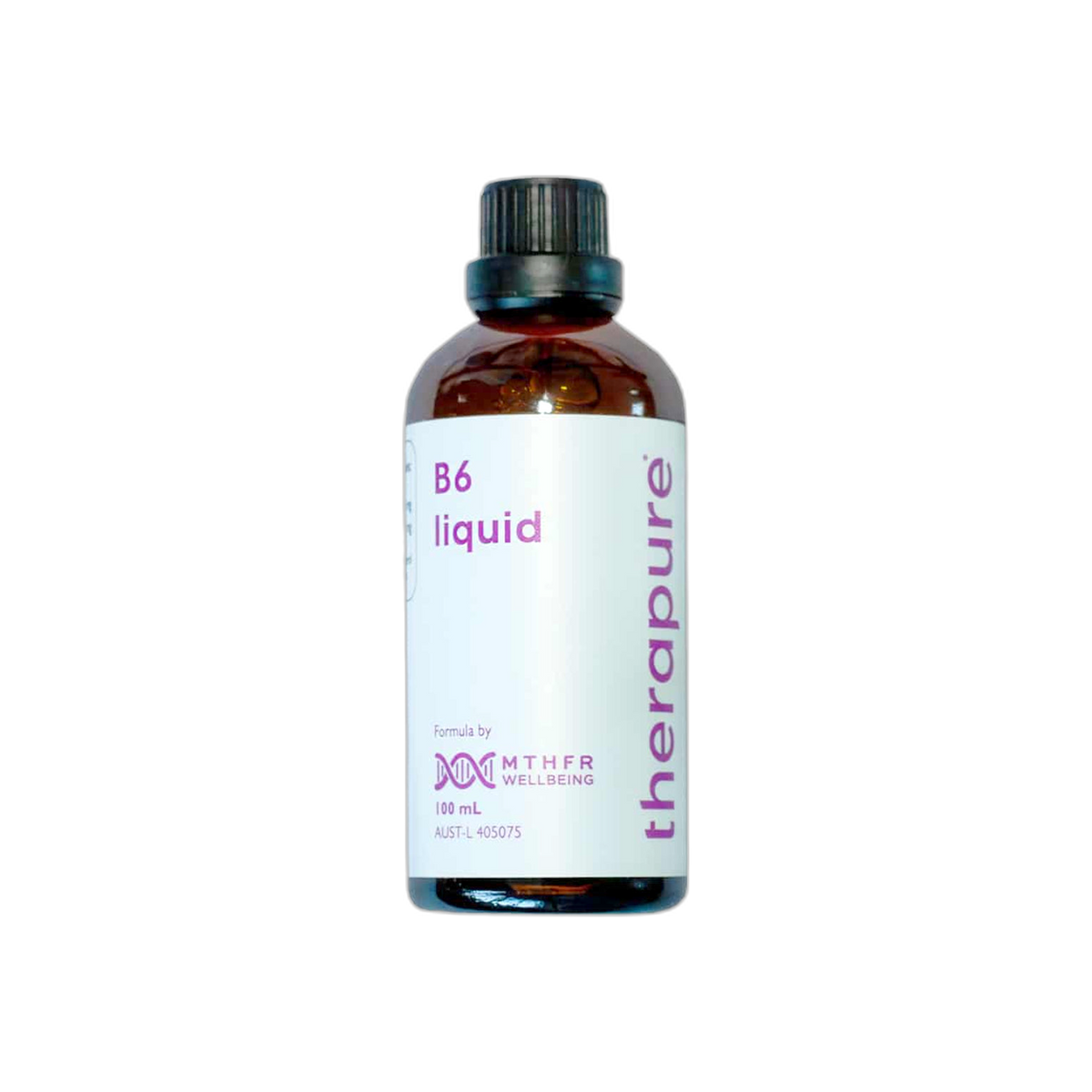 A Supplement bottle with the name  B6 Liquid by therapure, MTHFR