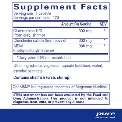 Ingredients: Glucosamine HCI, Chondroitin sulfate, MSM