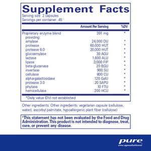 Ingredients: Proprietary enzyme blend: providing: amylase, protease, protease 6.0, glucoamylase, lactase, beta-glucanase, invertase, cellulase, alpha-galactosidase, protease 3.0, phytase, hemicellulase.