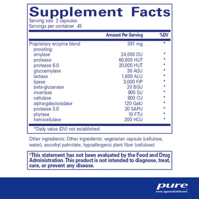 Ingredients: Proprietary enzyme blend: providing: amylase, protease, protease 6.0, glucoamylase, lactase, beta-glucanase, invertase, cellulase, alpha-galactosidase, protease 3.0, phytase, hemicellulase.