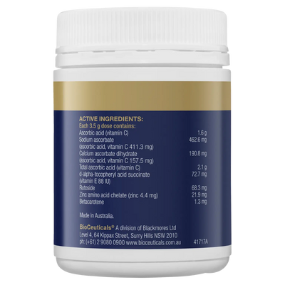 Ingredients: (200g) Ascorbic acid (vitamin C), Sodium ascorbate, Calcuim ascorbate dihydrate, d-alpha tocopheryl acid succinate, Rutoside,  Zinc, Betacarotene. 
