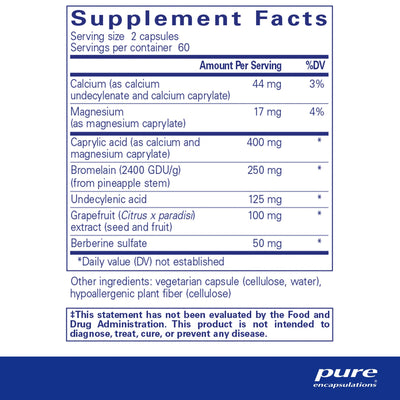 Ingredients: Calcium, Magnesium, Caprylic acid, Bromelain, Undecylenic acid, Grapefruit, Berberine.