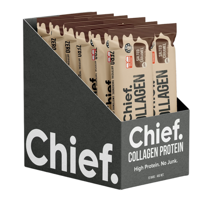 A Box of 12 Supplement bars (Choc Salted Caramel) by Chief Nutrition.