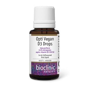A Supplement bottle with the name Opti Vegan D3 Drops by Bioclinic Naturals.