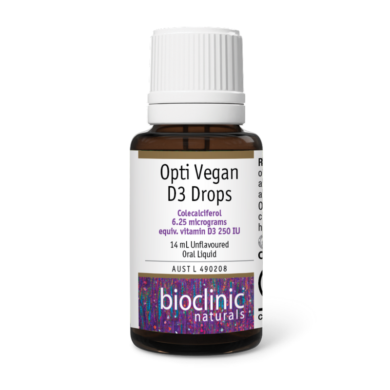 A Supplement bottle with the name Opti Vegan D3 Drops by Bioclinic Naturals.