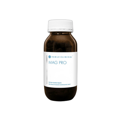 A Supplement container with the name Mag Pro by Eagle Clinical.