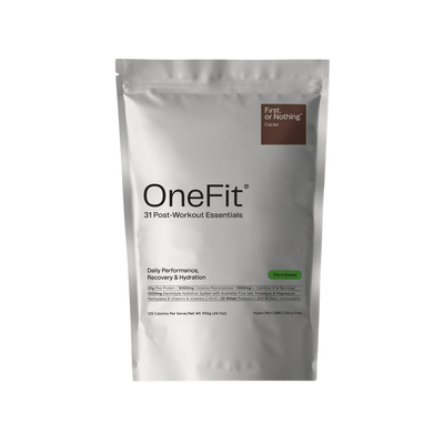 A Supplement pouch with the name OneFit Vegan Recovery (Cacao) by First or Nothing.