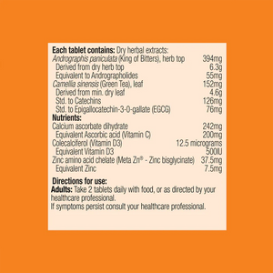 Ingredients including Andrographis paniculata, King of bitters, Andrographolides, Camellia sinensis, green tea, EgCG, Calcium ascorbate dihydrate, Ascorbic acid, Vitamin C, Colecalciferol, Vitamin d3, Zinc amino acid chelate, Meta zn, Zinc Bisglycinate.
