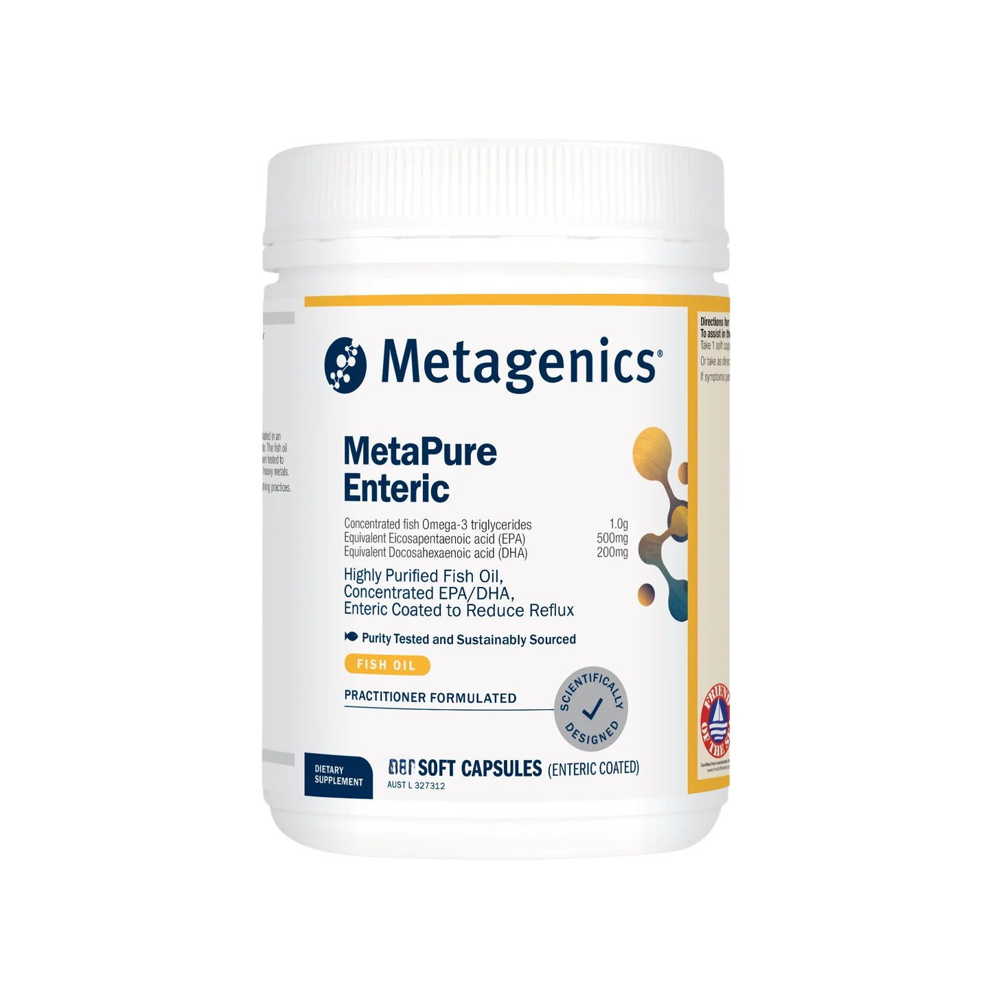 A supplement bottle with the name MetaPure Enteric by Metagenics.
