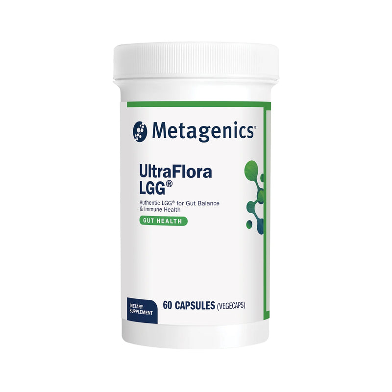 A Supplement container with the name Ultra Flora LGG by Metagenics.