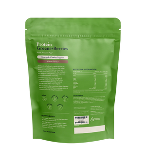 Image of contents Protein greens

Pea protein isolate, Prebiotic
fibre, Berries Blend (Acai,
Acerola, Amla, Cranberry,
Goji, Jabuticaba, Mangosteen,
Maqui, Pomegranate,
Strawberry), Natural vanilla
flavour, Greens Blend (Alfalfa
grass, Barley grass, Oat grass,
Wheatgrass, Kale, Chlorella,
Spirulina, Astragalus, Lemon),
Natural caramel flavour, Sea
salt, Natural sweetener
(Thaumatin^).
^Katemfe fruit extract