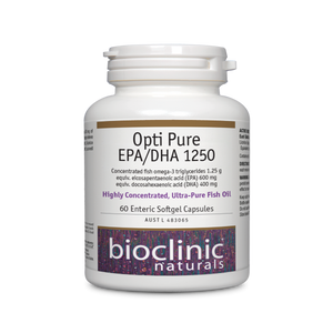 A Supplement container with the name Opti Pure EPA/DHA 1250 (60 soft gel caps) by Bioclinic Naturals.